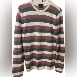 Zara Men's Crewneck Sweater - Burgundy, Black, and Cream Stripes